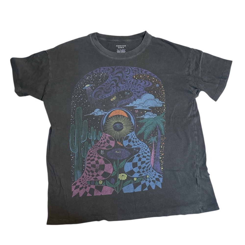 American Eagle Graphic Tee Faded Black Psychedelic Desert‎ Eye UFO T-Shirt XS